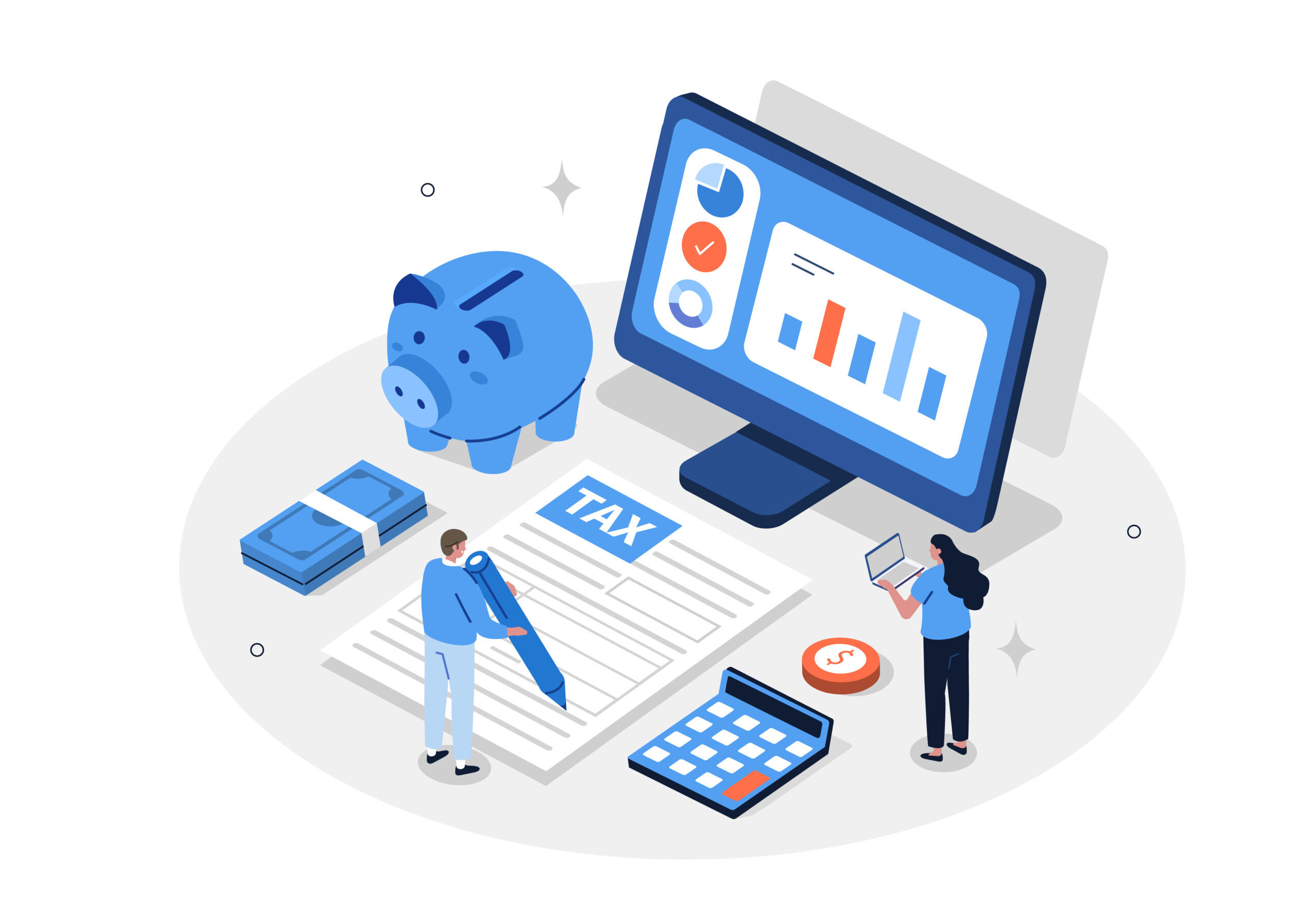 Finance and accounting concept. Characters preparing tax declaration, calculating income tax return infographic template. Flat isometric vector illustration. Finance and accounting concept. Characters preparing tax declaration, calculating income tax return infographic template. Flat isometric vector illustration.