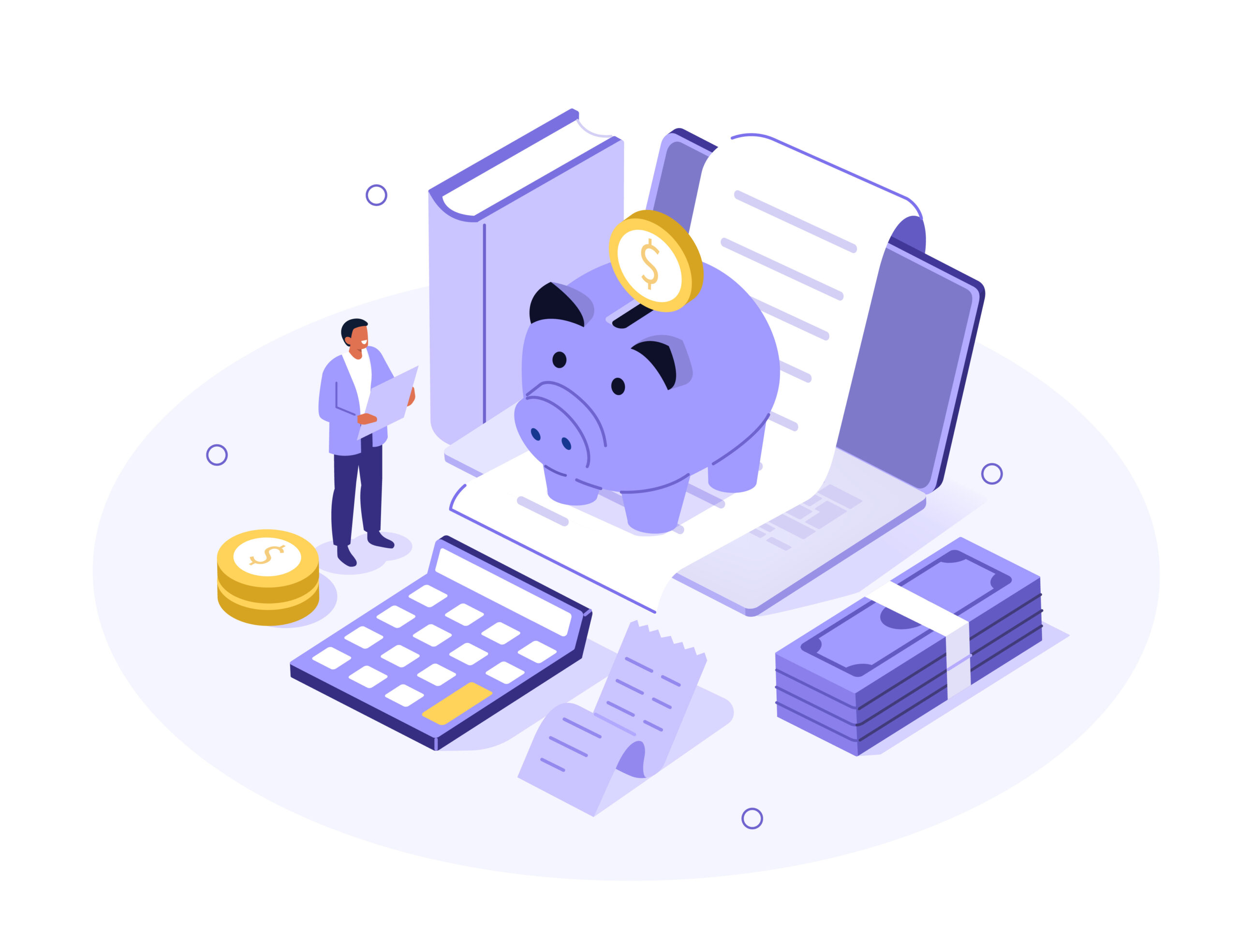 Character managing capital, profit, revenue, saving money in piggy bank, calculating tax, analyzing investments, funds. Business, financial management concept. Flat isometric vector illustration. Character managing capital, profit, revenue, saving money in piggy bank, calculating tax, analyzing investments, funds. Business, financial management concept. Flat isometric vector illustration.