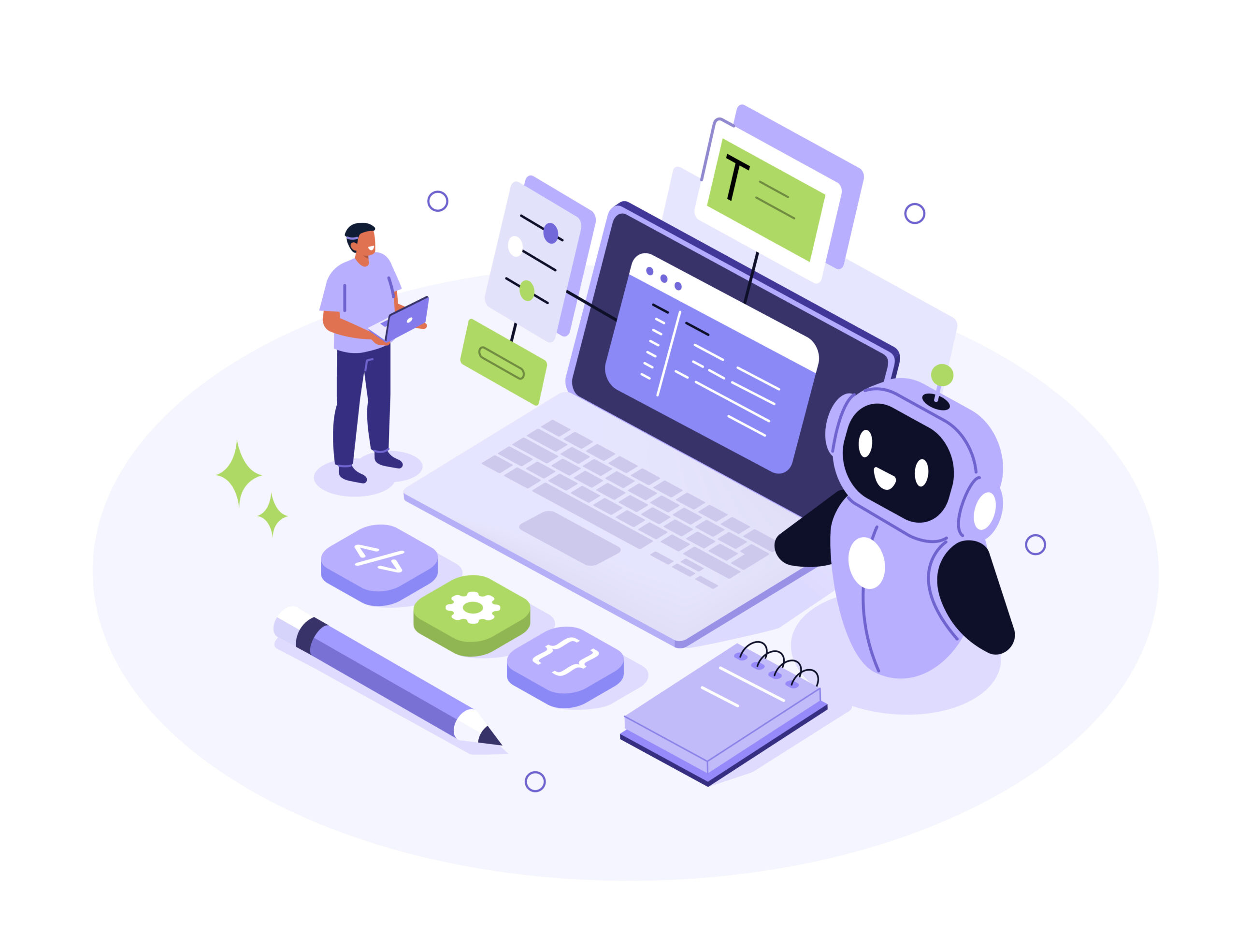 AI in programming. Programmer or prompt engineer use artificial intelligence generative tools for code writing, development. Science and technology concept. Vector illustration. AI in programming. Programmer or prompt engineer use artificial intelligence generative tools for code writing, development. Science and technology concept. Vector illustration.